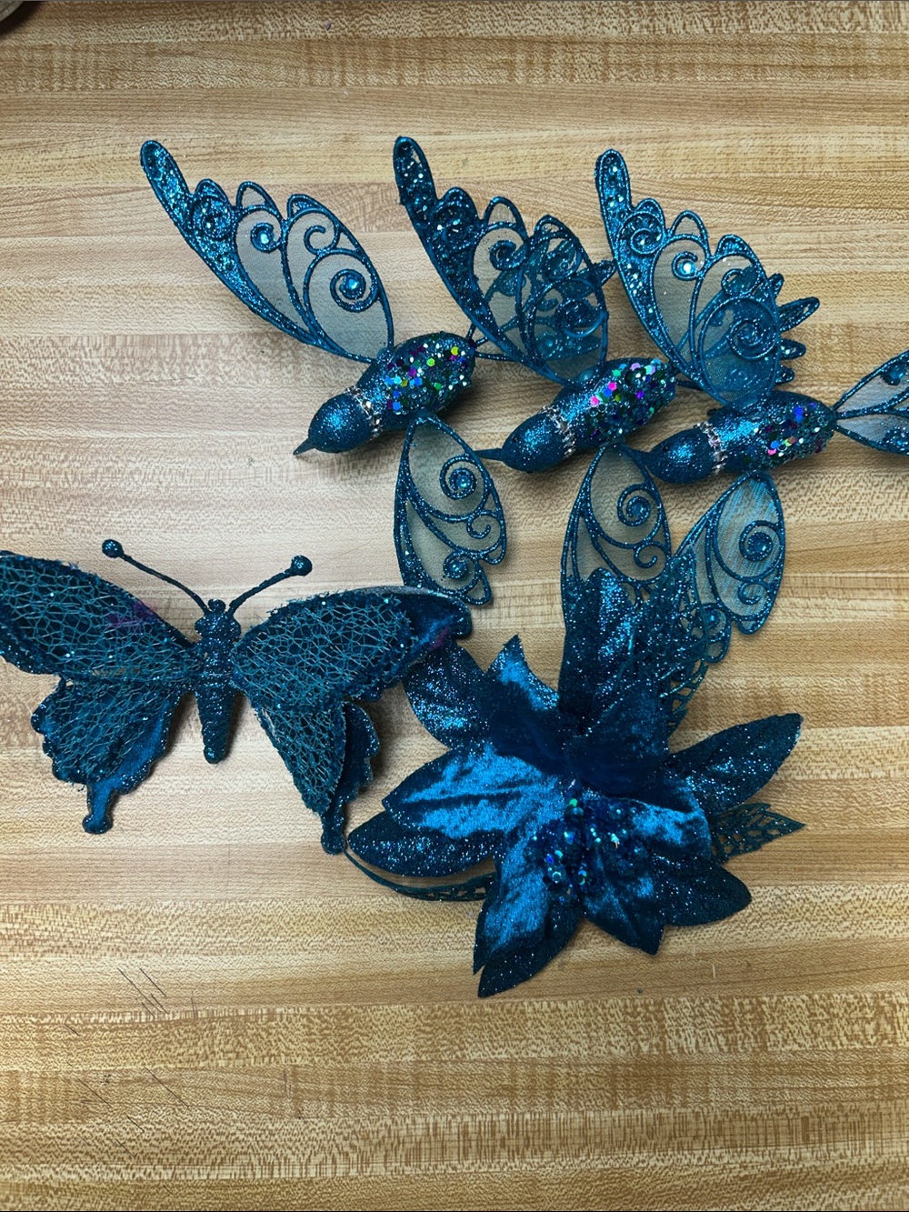 Teal Glitter Butterfly & Poinsettia Holiday Ornament Set